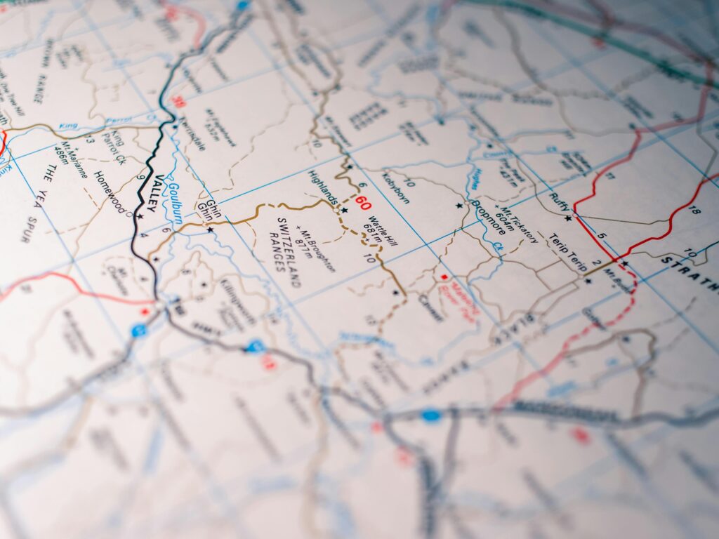 Close-up of a detailed road map highlighting highways and routes.